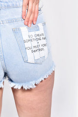Light Wash Printed Taped Striped Shorts