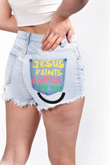 Light Denim Button Up Printed Back Shorts