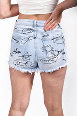 Light Denim Graffiti Printed Shorts