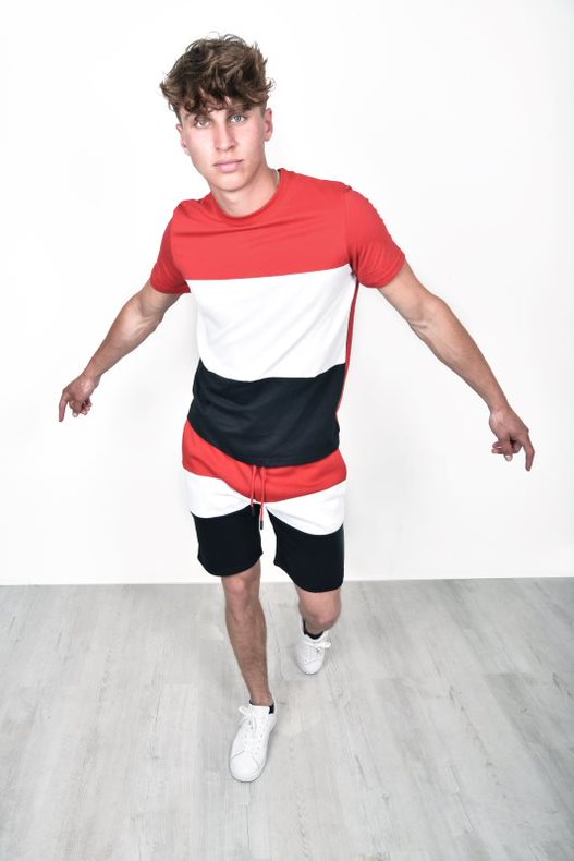  Mens Red Colour Block Summer Short Tracksuit 