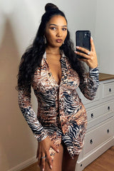 Leopard Print Button Front Ruched Mini Dress