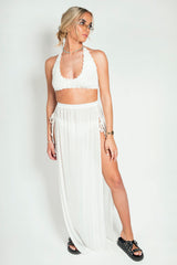 White Mesh High Slit Maxi Skirt