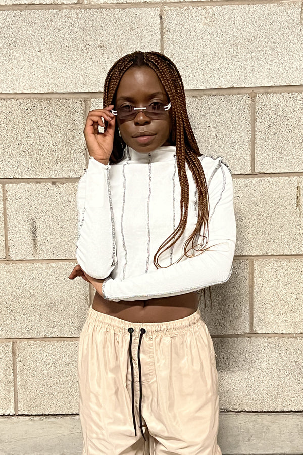 White Overlocked Stitch Detail Long Sleeve Top