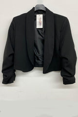 Black Cropped Blazer with Ruched Sleeves