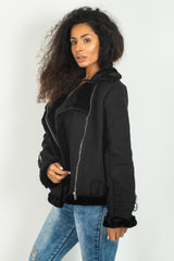 Black Faux Suede Aviator Jacket
