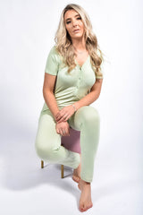 Sage Rib Button Up Short Sleeve Jumpsuit