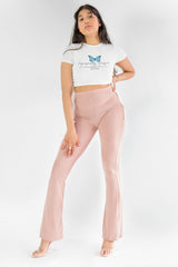 Pink Basic Ribbed Flare Trousers