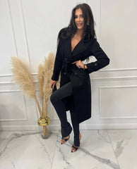 Black Suede Belted Trench Coat With Buttons