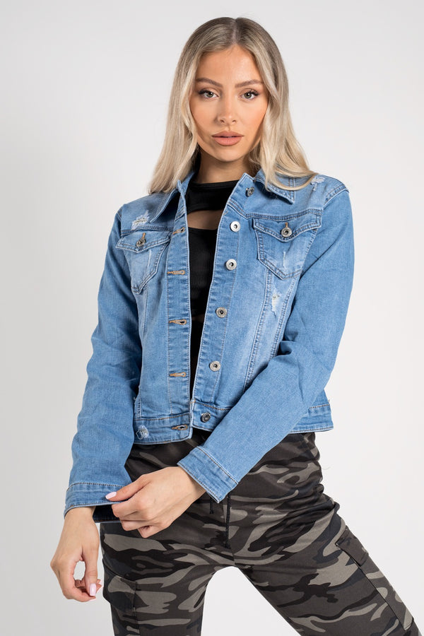 Blue Distressed Cropped Denim Jacket