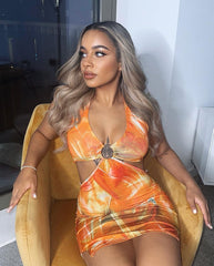 Orange Marble Cut Out ring Detail Halter Neck Mini Dress 
