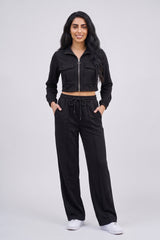 Black Long Sleeve Bomber Jacket And Straight Leg Trouser