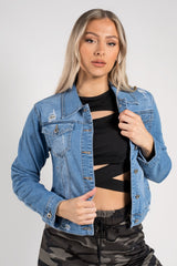 Blue Distressed Cropped Denim Jacket