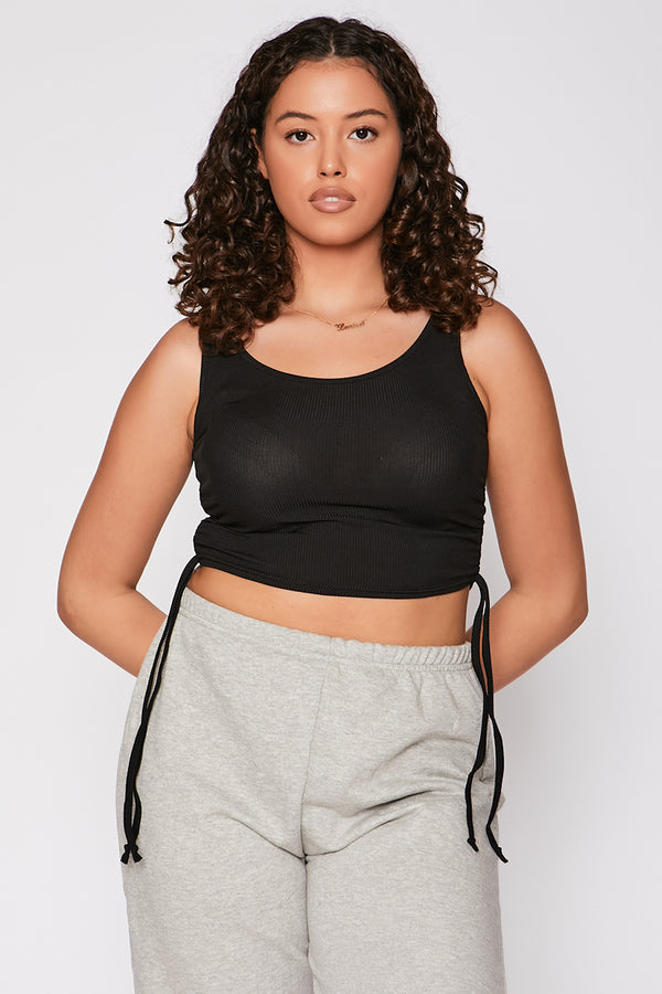Black Ribbed Ruched Side Crop Top