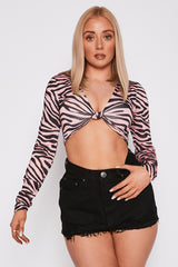 Pink Zebra Print Slinky Twist Knot Crop Top 