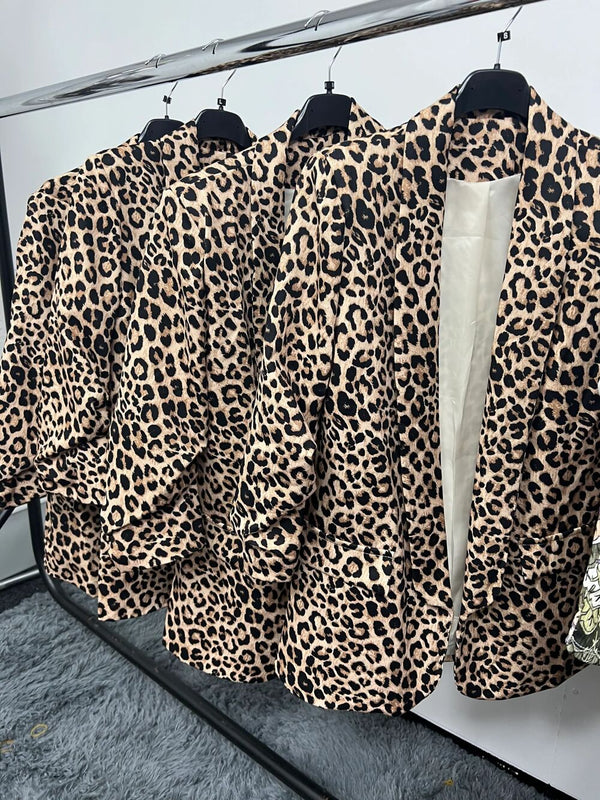 Leopard Print Ruched Satin Sleeve Blazer
