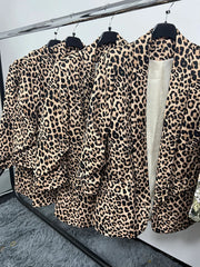 Leopard Print Ruched Satin Sleeve Blazer