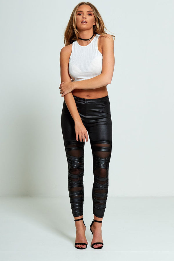 Ripped Detail Mesh Underlay Leather Look Leggings