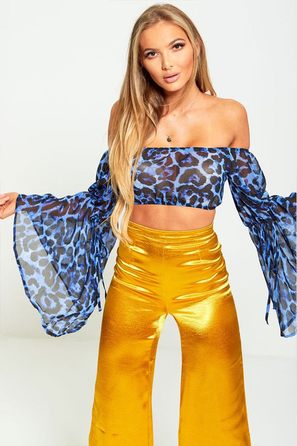 Sheer Blue Leopard Print Bardot Crop Top 