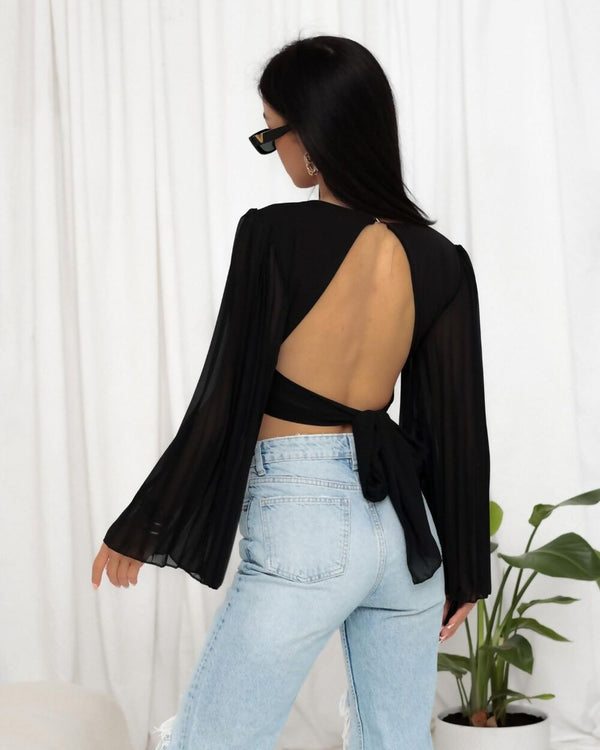 Black Backless Crop Top With Pleated Bell Sleeves