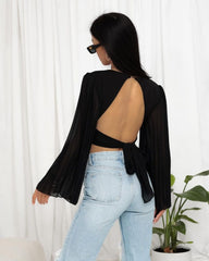 Black Backless Crop Top With Pleated Bell Sleeves