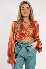 Rust Satin Plunge Twist Front Crop Top
