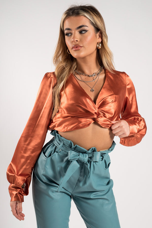 Rust Satin Plunge Twist Front Crop Top
