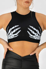 Black Skeleton Hand Print Crop Top