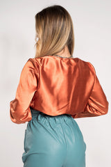 Rust Satin Plunge Twist Front Crop Top