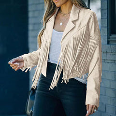Beige Suede Fringe Cropped Jacket