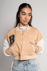 Beige Cropped Contrast Sleeve Varsity Jacket