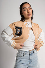 Beige Cropped Contrast Sleeve Varsity Jacket