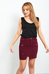 Wine Distressed Denim Skirt
