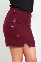 Wine Distressed Denim Skirt