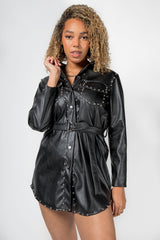 Black Studded Belted PU Leather Shirt Dress