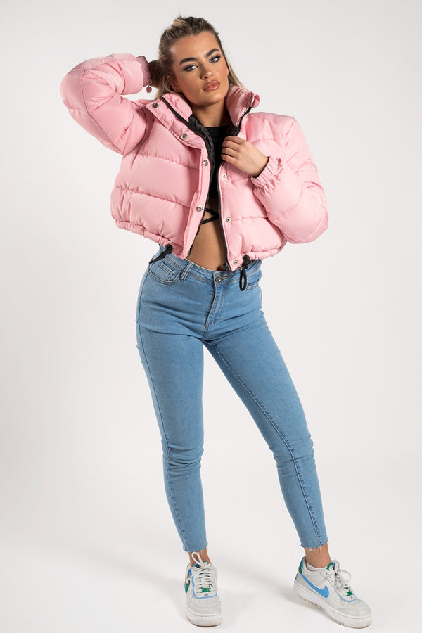 Pink Cropped Drawstring Puffer Jacket