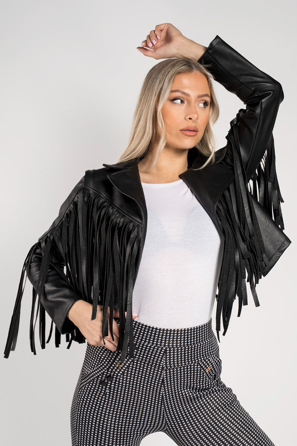 Black Faux Leather Fringe Cropped Jacket