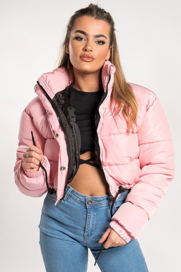 Pink Cropped Drawstring Puffer Jacket