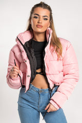 Pink Cropped Drawstring Puffer Jacket