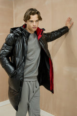 Mens Black Longline Shiny Puffer Jacket