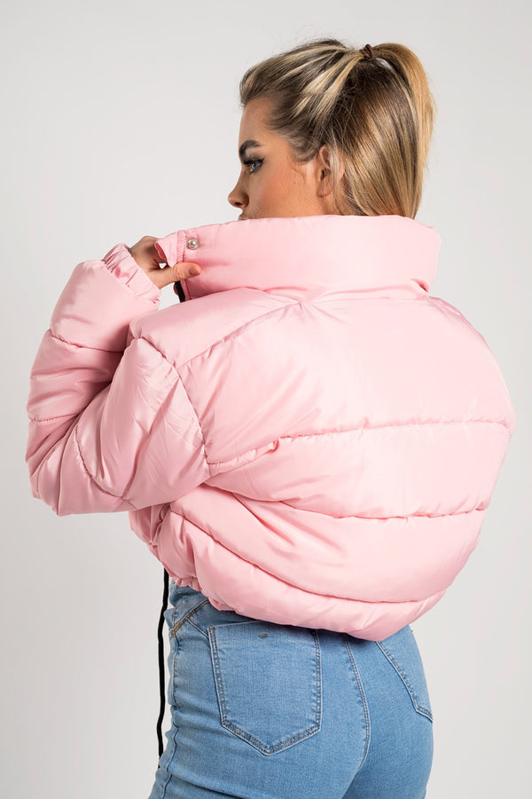 Pink Cropped Drawstring Puffer Jacket