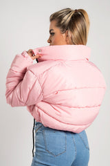 Pink Cropped Drawstring Puffer Jacket