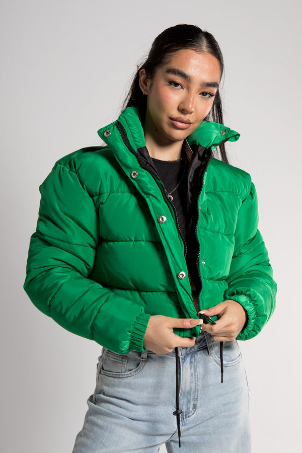 Green Cropped Drawstring Puffer Jacket