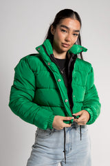 Green Cropped Drawstring Puffer Jacket