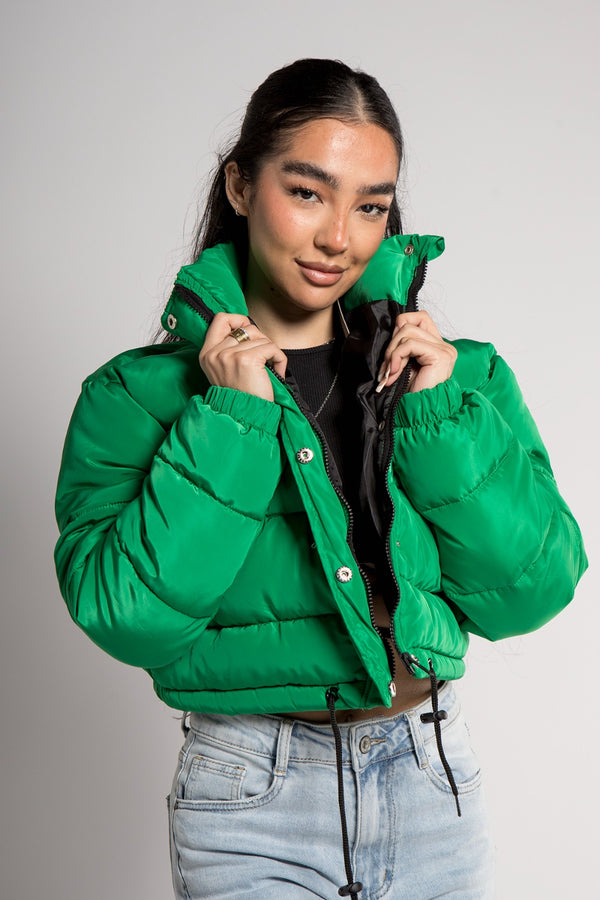 Green Cropped Drawstring Puffer Jacket