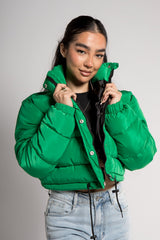 Green Cropped Drawstring Puffer Jacket