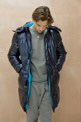 Mens Blue Longline Shiny Puffer Jacket