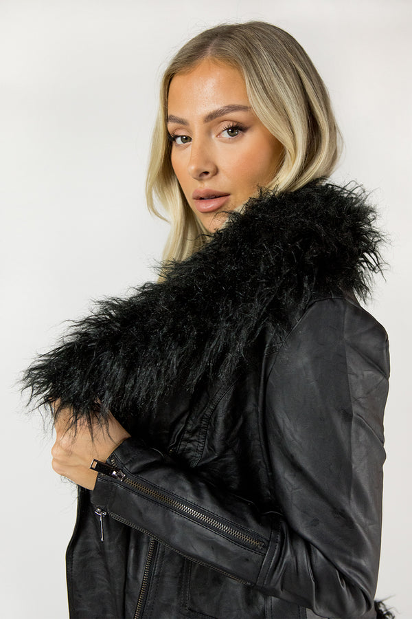 Black Faux Fur Trim PU Biker Jacket
