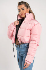 Pink Cropped Drawstring Puffer Jacket