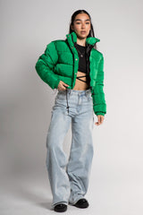 Green Cropped Drawstring Puffer Jacket