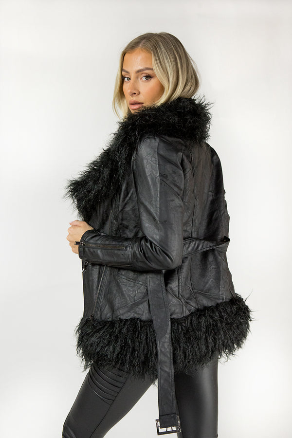 Black Faux Fur Trim PU Biker Jacket